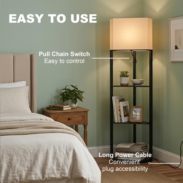 Corner Floor Lamp with Shelves, Modern Tall Standing Lamp with Chain Switch for Living Room, Bedroom, Bulb Not Included, Black