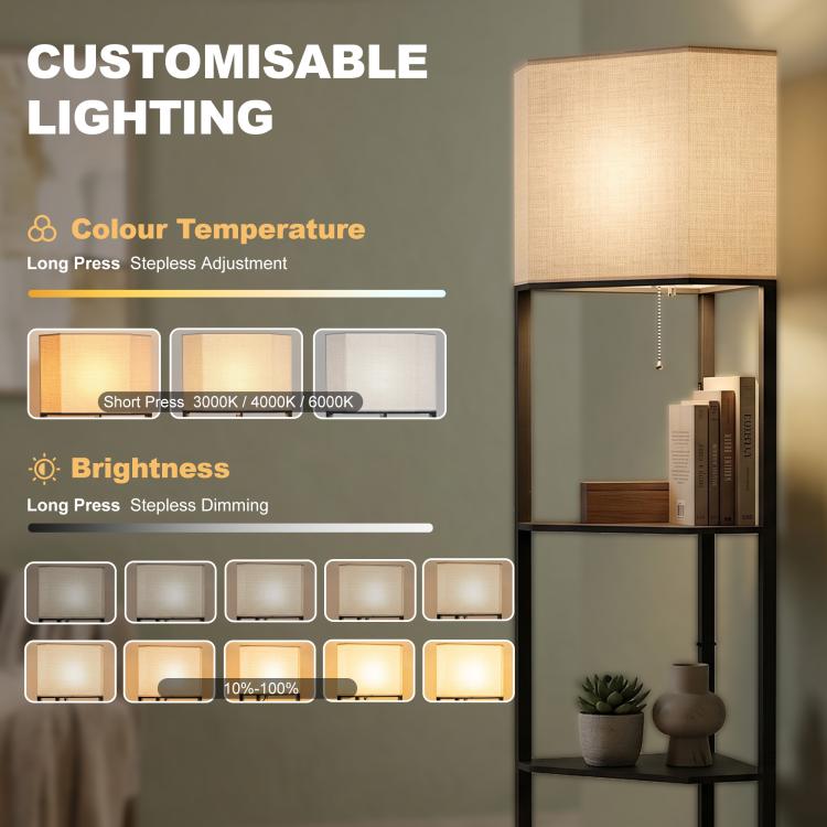 Corner Floor Lamp with Shelves, Modern Tall Standing Lamp with Chain Switch for Living Room, Bedroom, Bulb Not Included, Black