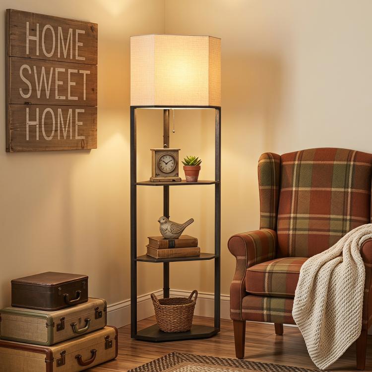 Corner Floor Lamp with Shelves, Modern Tall Standing Lamp with Chain Switch for Living Room, Bedroom, Bulb Not Included, Black