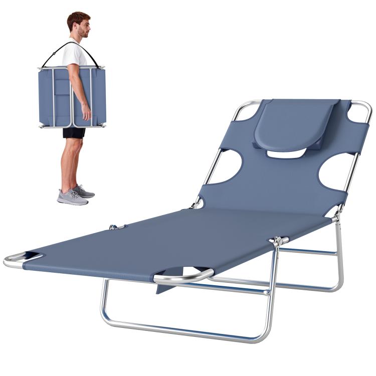 5-Position Adjustable Sun Lounger with Reading Hole and Side Pocket, Grey