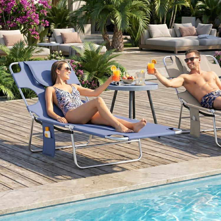 5-Position Adjustable Sun Lounger with Reading Hole and Side Pocket, Grey