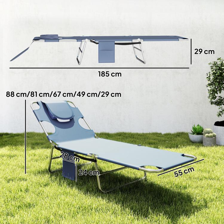 5-Position Adjustable Sun Lounger with Reading Hole and Side Pocket, Grey