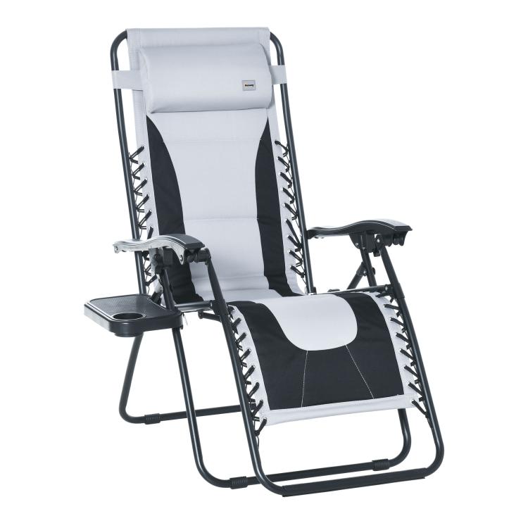 Zero Gravity Lounger Chair, Folding Reclining Patio Chair with Padded Seat, Cup Holder, Soft Cushion and Headrest for Poolside, Camping, Light Grey