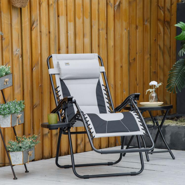 Zero Gravity Lounger Chair, Folding Reclining Patio Chair with Padded Seat, Cup Holder, Soft Cushion and Headrest for Poolside, Camping, Light Grey