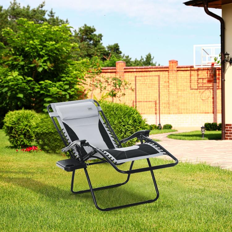 Zero Gravity Lounger Chair, Folding Reclining Patio Chair with Padded Seat, Cup Holder, Soft Cushion and Headrest for Poolside, Camping, Light Grey