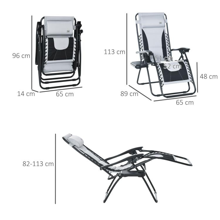 Zero Gravity Lounger Chair, Folding Reclining Patio Chair with Padded Seat, Cup Holder, Soft Cushion and Headrest for Poolside, Camping, Light Grey