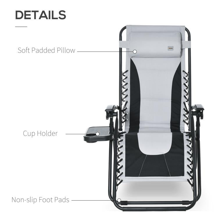 Zero Gravity Lounger Chair, Folding Reclining Patio Chair with Padded Seat, Cup Holder, Soft Cushion and Headrest for Poolside, Camping, Light Grey