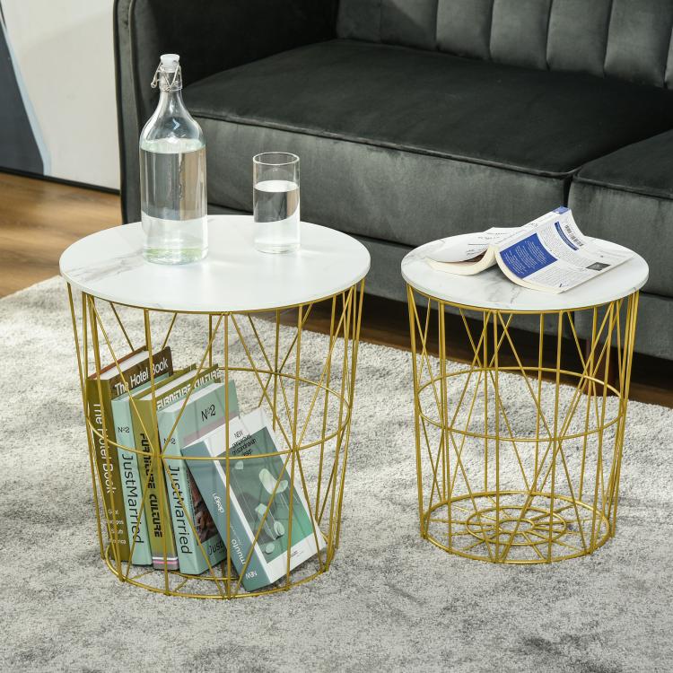 Set of 2 Nesting Side Tables with Storage, Round End Tables Coffee Tables with Steel Frame and Removable Round Top, for Living Room, bedroom, office, White