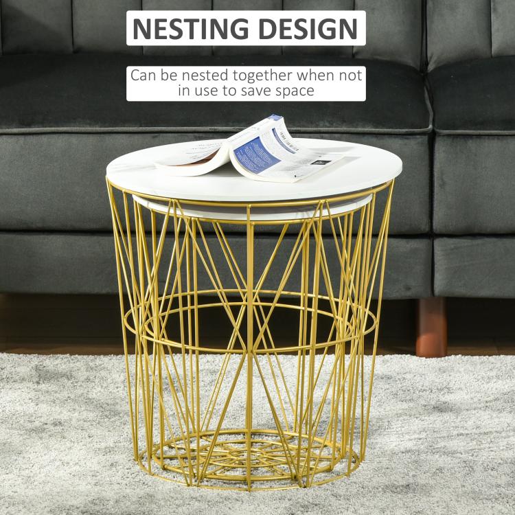 Set of 2 Nesting Side Tables with Storage, Round End Tables Coffee Tables with Steel Frame and Removable Round Top, for Living Room, bedroom, office, White