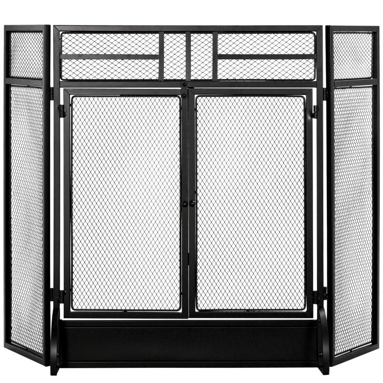 3-Panel Folding Fireplace Screen with Door, Freestanding Spark Guard, Metal Mesh Fireguard, Black