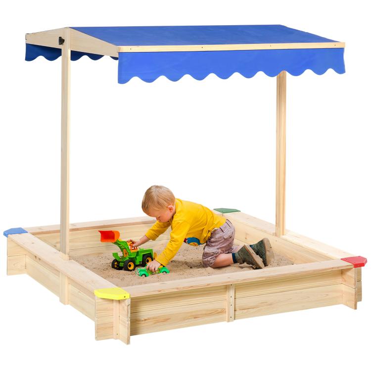 Kids Wooden Sand Pit Sandbox Children Square Outdoor Playset Adjustable Canopy Bench Seat 120x120x120cm