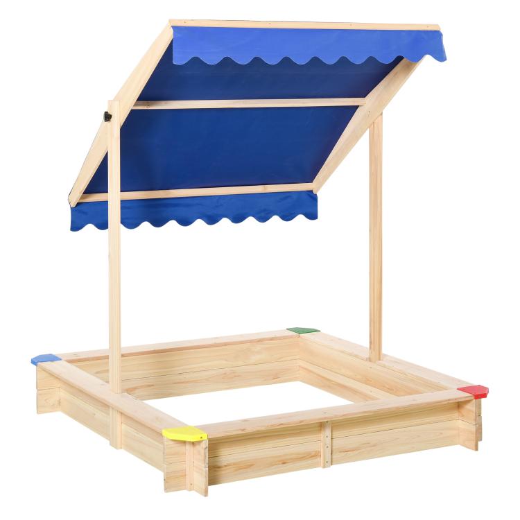 Kids Wooden Sand Pit Sandbox Children Square Outdoor Playset Adjustable Canopy Bench Seat 120x120x120cm