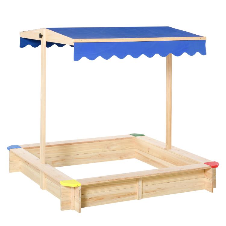 Kids Wooden Sand Pit Sandbox Children Square Outdoor Playset Adjustable Canopy Bench Seat 120x120x120cm