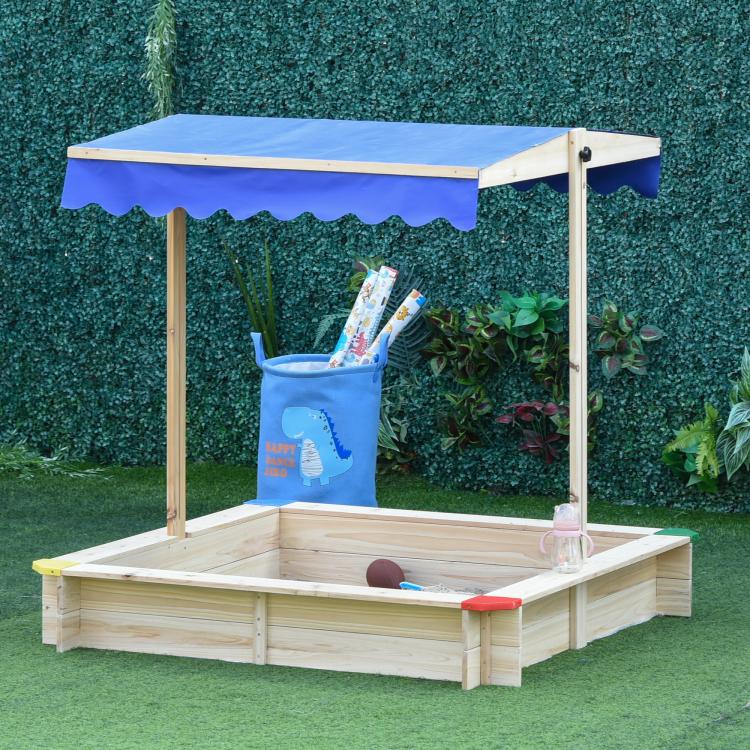 Kids Wooden Sand Pit Sandbox Children Square Outdoor Playset Adjustable Canopy Bench Seat 120x120x120cm