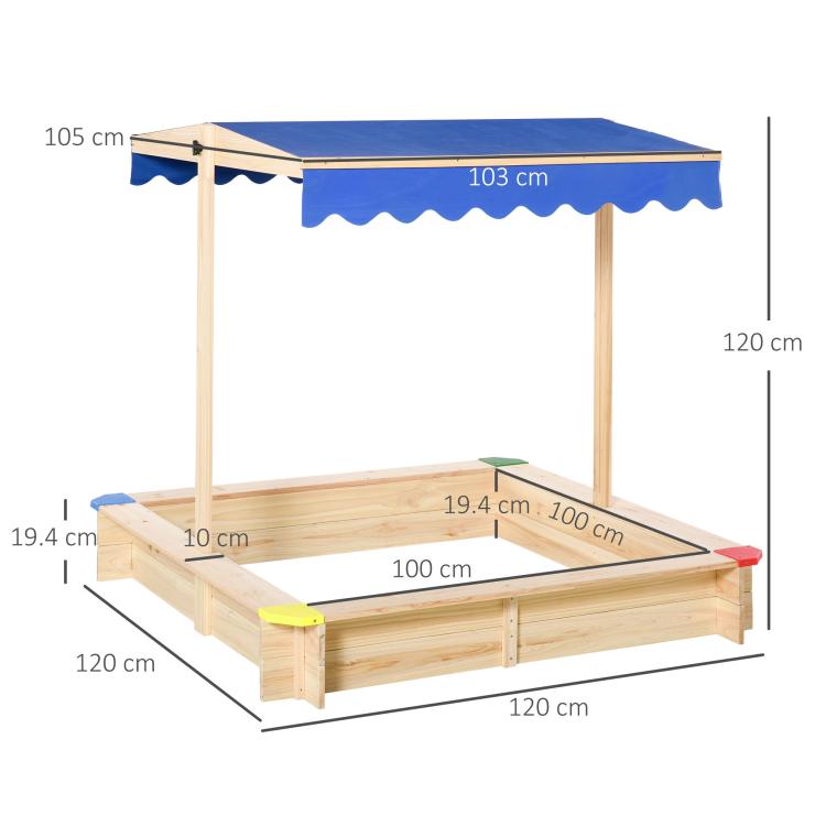 Kids Wooden Sand Pit Sandbox Children Square Outdoor Playset Adjustable Canopy Bench Seat 120x120x120cm