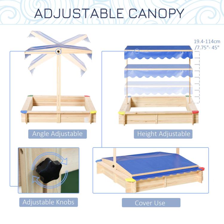 Kids Wooden Sand Pit Sandbox Children Square Outdoor Playset Adjustable Canopy Bench Seat 120x120x120cm