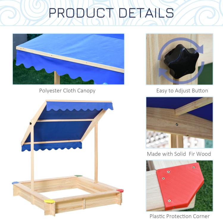 Kids Wooden Sand Pit Sandbox Children Square Outdoor Playset Adjustable Canopy Bench Seat 120x120x120cm