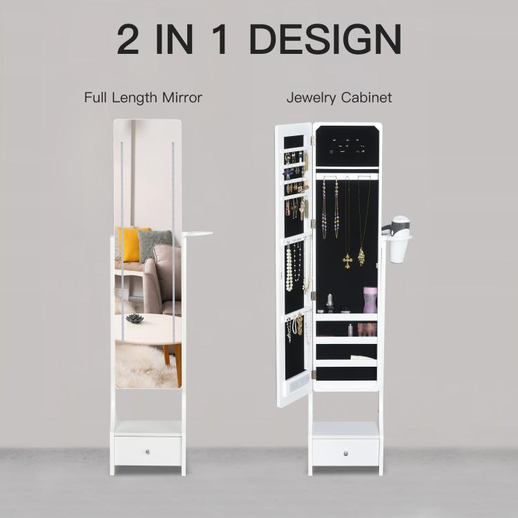 Jewellery Cabinet, Full Length Mirror with Storage, Free Standing Mirror with LED Lights, Hooks, Drawer and Hairdryer Holder for Bedroom, White