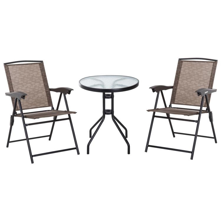 3 Piece Outdoor Bistro Set, Patio Conversation Furniture Set with 2 Folding Backrest Adjustable Armchairs and Glass Top Coffee Table, Brown