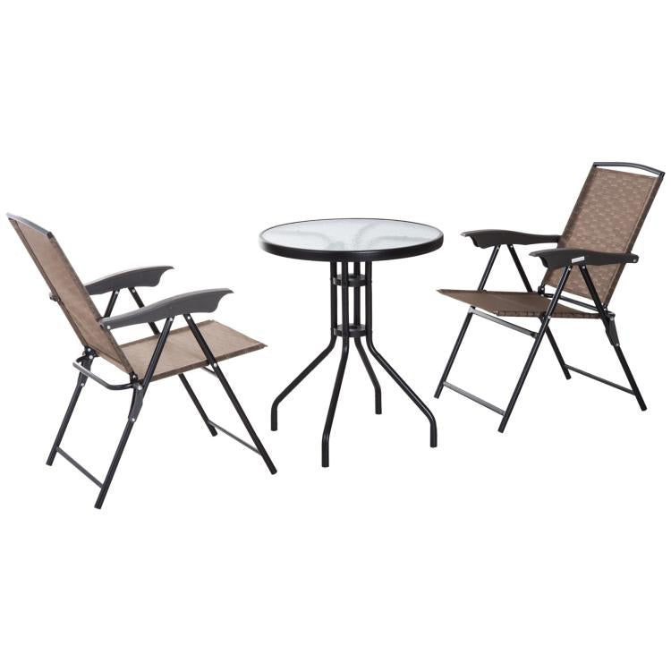 3 Piece Outdoor Bistro Set, Patio Conversation Furniture Set with 2 Folding Backrest Adjustable Armchairs and Glass Top Coffee Table, Brown