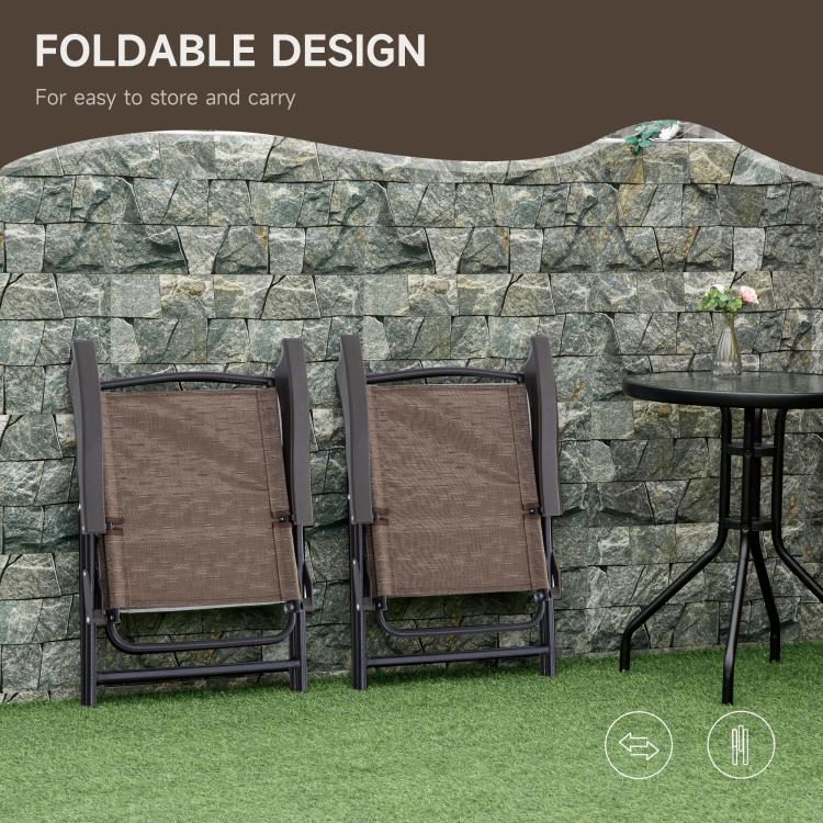 3 Piece Outdoor Bistro Set, Patio Conversation Furniture Set with 2 Folding Backrest Adjustable Armchairs and Glass Top Coffee Table, Brown