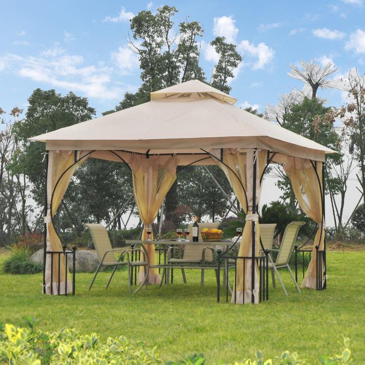 3 x 3m Garden Gazebo Patio Party Tent Shelter Outdoor Canopy Double Tier Sun Shade with Metal Frame and Netting, Beige