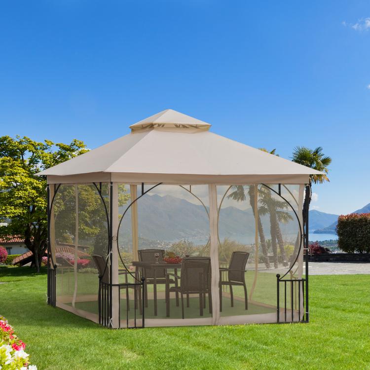 3 x 3m Garden Gazebo Patio Party Tent Shelter Outdoor Canopy Double Tier Sun Shade with Metal Frame and Netting, Beige