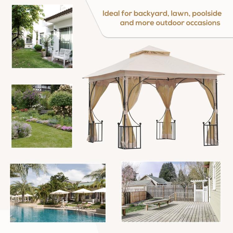 3 x 3m Garden Gazebo Patio Party Tent Shelter Outdoor Canopy Double Tier Sun Shade with Metal Frame and Netting, Beige