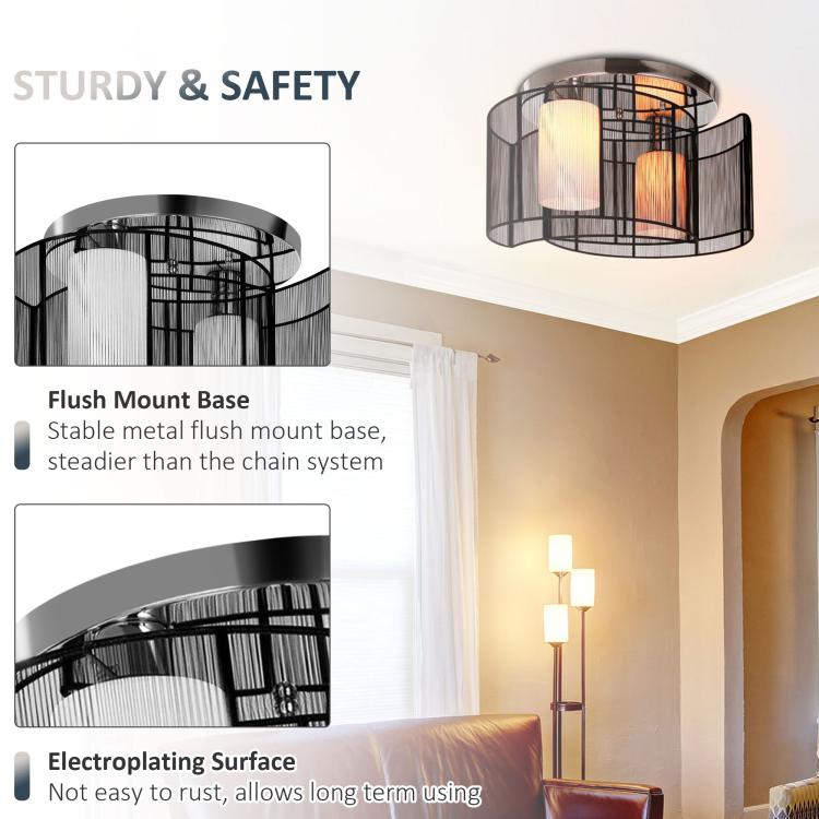 Modern Chandelier, Semi-Flush Mount Ceiling Light with 2 Light, E27 Bulb Base for Hallway, Dining Room, Living Room, White and Black