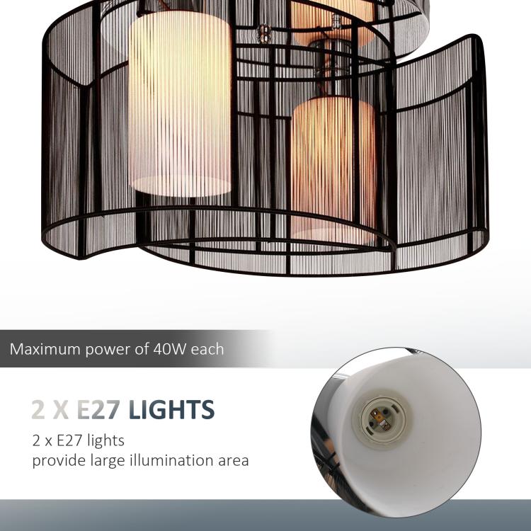 Modern Chandelier, Semi-Flush Mount Ceiling Light with 2 Light, E27 Bulb Base for Hallway, Dining Room, Living Room, White and Black