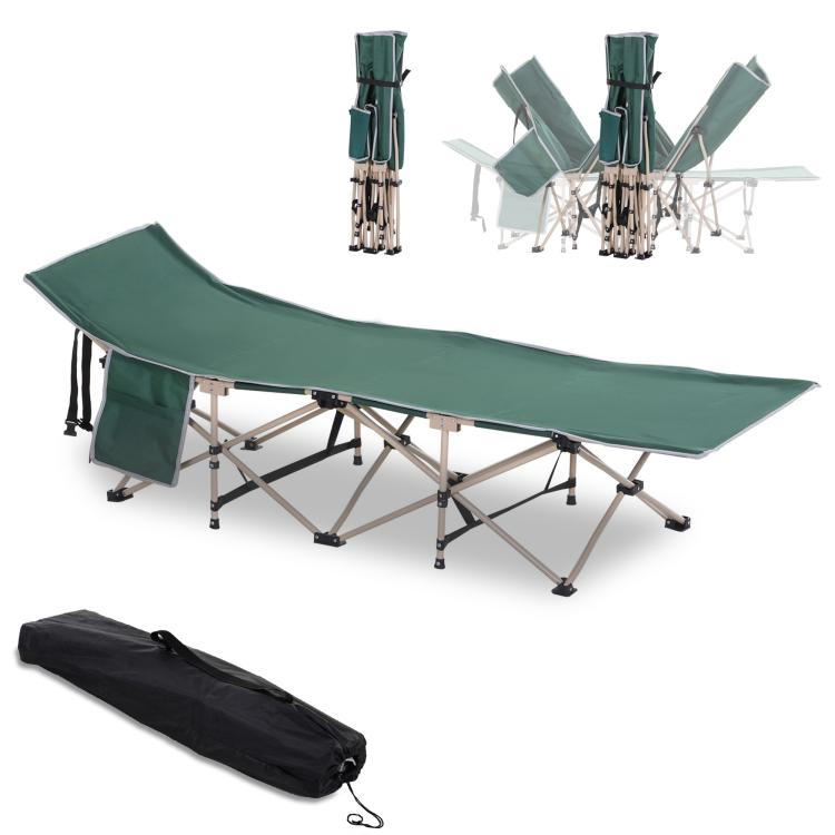 Single Person Camping Bed Folding Cot Outdoor Patio Portable Military Sleeping Bed Travel Guest Leisure Fishing with Side Pocket and Carry Bag - Green