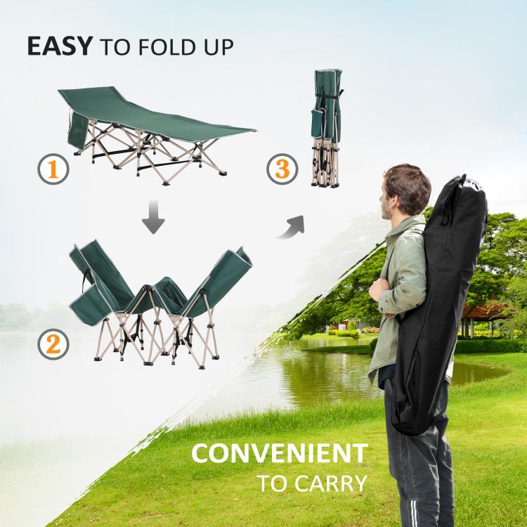 Single Person Camping Bed Folding Cot Outdoor Patio Portable Military Sleeping Bed Travel Guest Leisure Fishing with Side Pocket and Carry Bag - Green