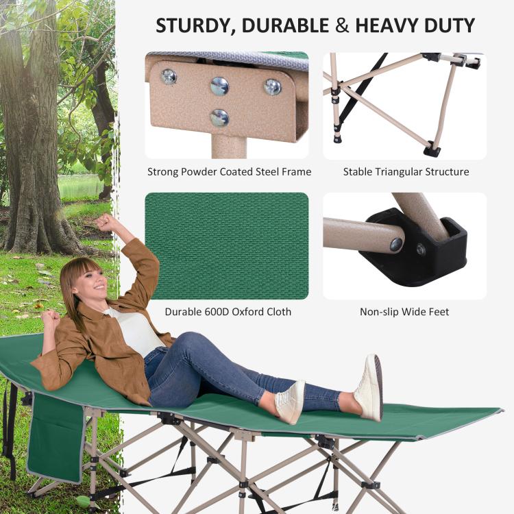 Single Person Camping Bed Folding Cot Outdoor Patio Portable Military Sleeping Bed Travel Guest Leisure Fishing with Side Pocket and Carry Bag - Green