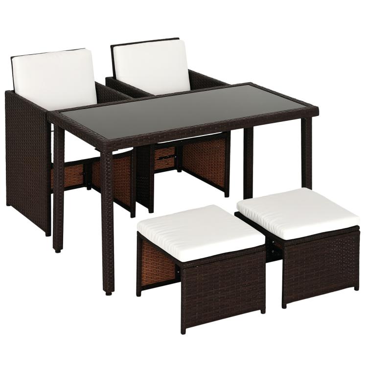 2 Seater Rattan Cube Garden Furniture Set, Rattan Dining Set with Cushions, Outdoor Dining Table and Chairs with 2 Armchairs, 2 Stools, Rectangular Glass Top Table for Patio, Balcony, Brown