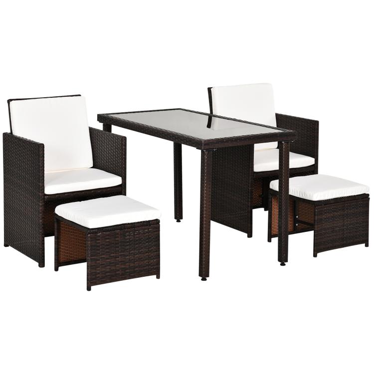 2 Seater Rattan Cube Garden Furniture Set, Rattan Dining Set with Cushions, Outdoor Dining Table and Chairs with 2 Armchairs, 2 Stools, Rectangular Glass Top Table for Patio, Balcony, Brown