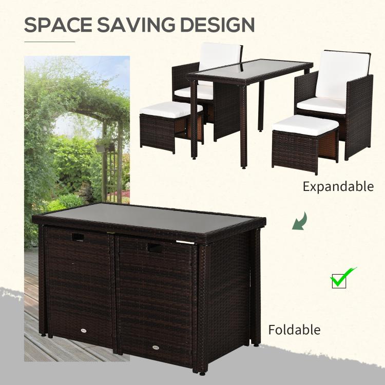2 Seater Rattan Cube Garden Furniture Set, Rattan Dining Set with Cushions, Outdoor Dining Table and Chairs with 2 Armchairs, 2 Stools, Rectangular Glass Top Table for Patio, Balcony, Brown