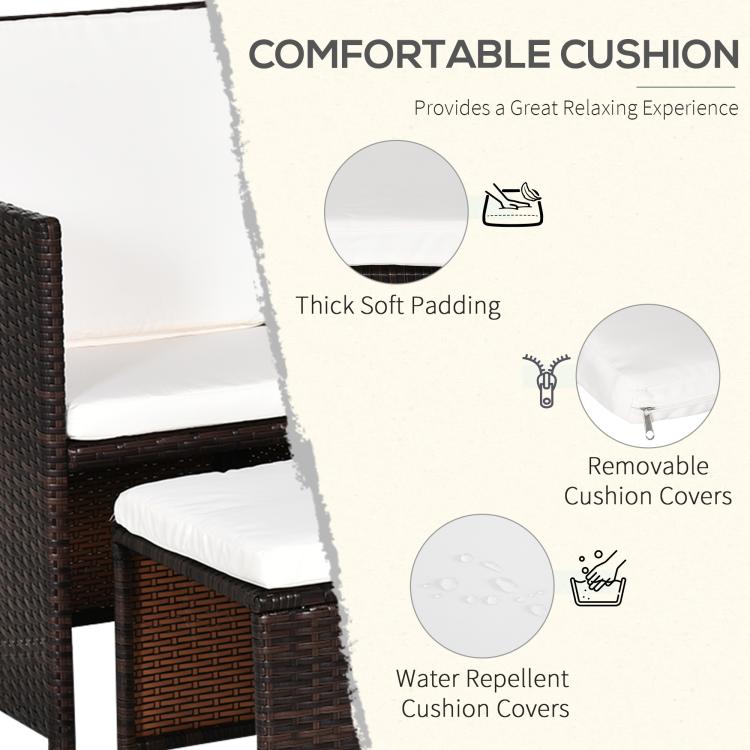 2 Seater Rattan Cube Garden Furniture Set, Rattan Dining Set with Cushions, Outdoor Dining Table and Chairs with 2 Armchairs, 2 Stools, Rectangular Glass Top Table for Patio, Balcony, Brown