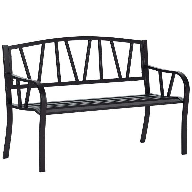 2-Seater Garden Bench Metal Loveseat w/ Decorative Backrest Ergonomic Armrest