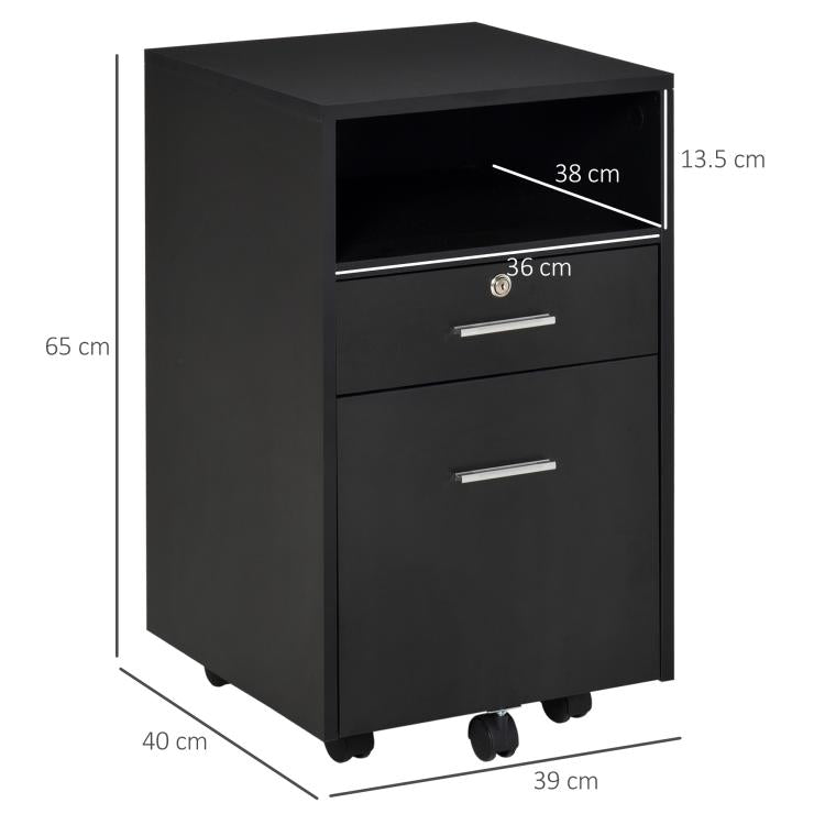 Lockable Two-Drawer Filing Cabinet, with Wheels - Black