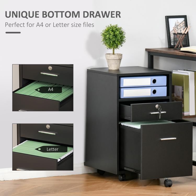 Lockable Two-Drawer Filing Cabinet, with Wheels - Black