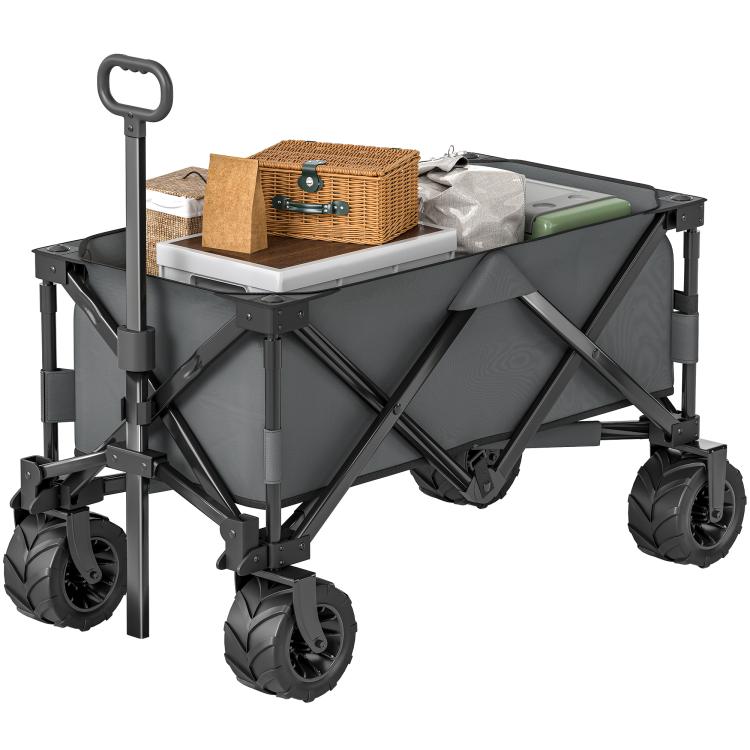 Outdoor Pull Along Cart Folding Cargo Wagon Trailer Trolley for Beach Garden with Handle, Anti-Slip Wheel - Dark Grey