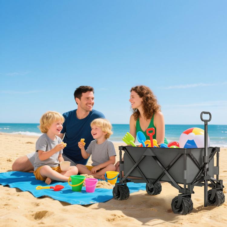 Outdoor Pull Along Cart Folding Cargo Wagon Trailer Trolley for Beach Garden with Handle, Anti-Slip Wheel - Dark Grey