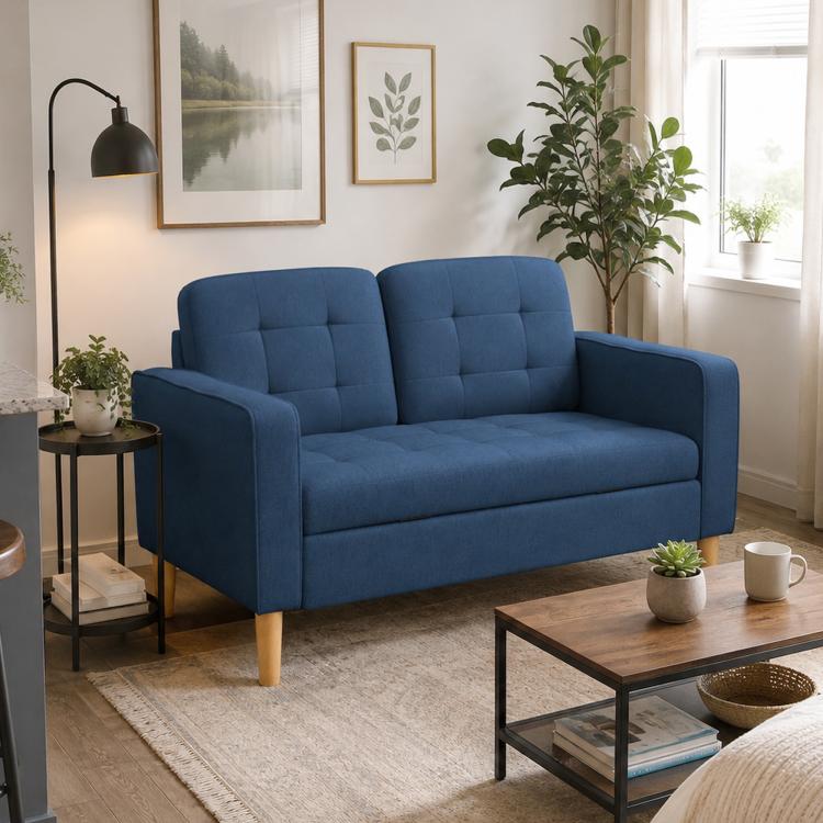 Modern Loveseat Sofa, Compact 2 Seater Sofa with Hidden Storage, 117cm Tufted Cotton Couch with Wood Legs, Blue