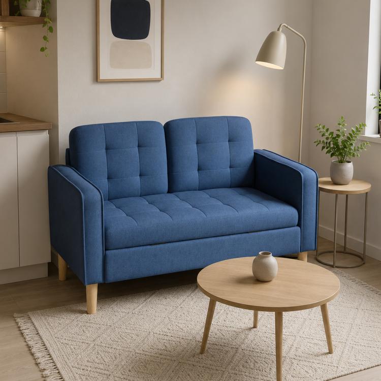 Modern Loveseat Sofa, Compact 2 Seater Sofa with Hidden Storage, 117cm Tufted Cotton Couch with Wood Legs, Blue