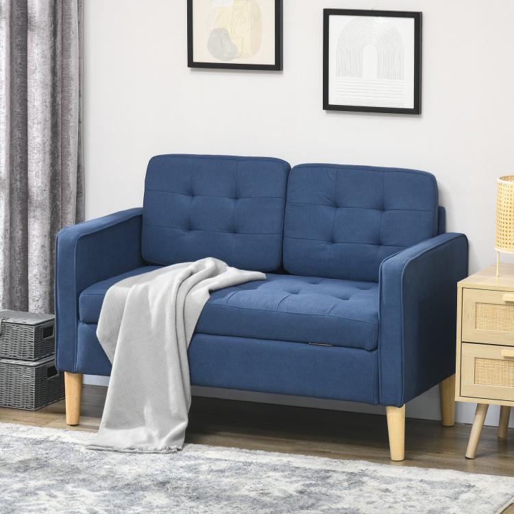 Modern Loveseat Sofa, Compact 2 Seater Sofa with Hidden Storage, 117cm Tufted Cotton Couch with Wood Legs, Blue