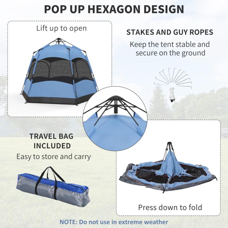 3 Man Instant Pop Up Tent with Rainfly, Portable Camping Shelter with Sewn-in Groundsheet, Carry Bag, Blue