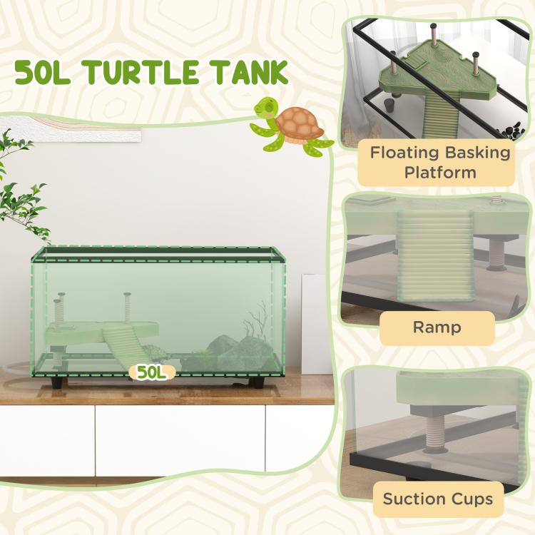 50L Glass Turtle Tank Aquarium with Basking Platform, Easy Drainage