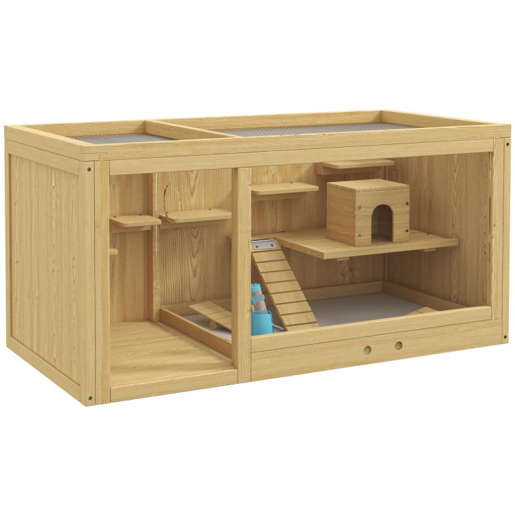 Wooden Hamster Cage with Water Bottle, Platforms, Openable Roof, Sliding Tray, Hut, Seesaws, Natural Wood Finish