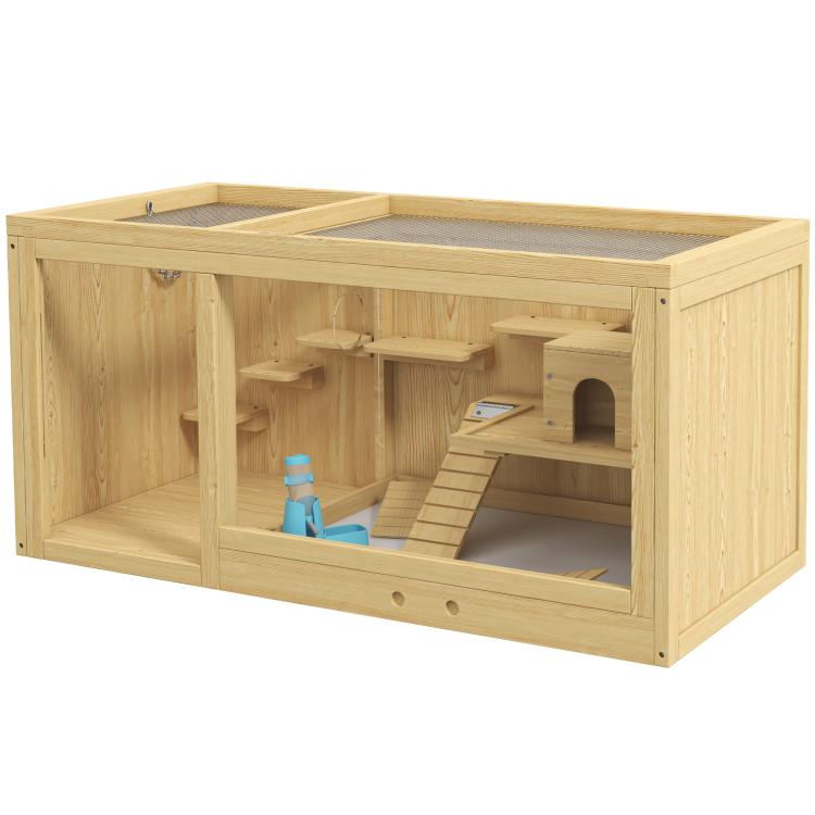 Wooden Hamster Cage with Water Bottle, Platforms, Openable Roof, Sliding Tray, Hut, Seesaws, Natural Wood Finish