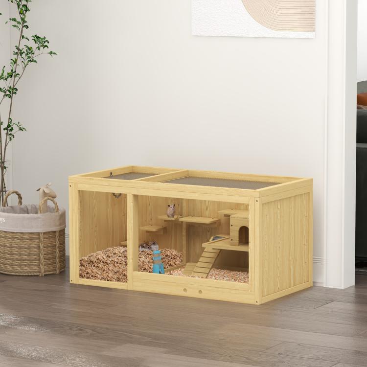 Wooden Hamster Cage with Water Bottle, Platforms, Openable Roof, Sliding Tray, Hut, Seesaws, Natural Wood Finish